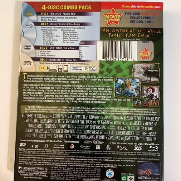 Alice in Wonderland 3 Disc set Blu Ray, DVD and Digital Copy - Picture 2 of 6